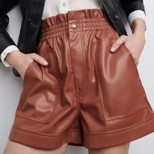 ZARA | Faux Leather Chocolate Brown Burgundy Paper Bag Elastic High Waist Short